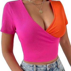 Colorblock Plunging Neck Short Sleeve Crop T Shirt